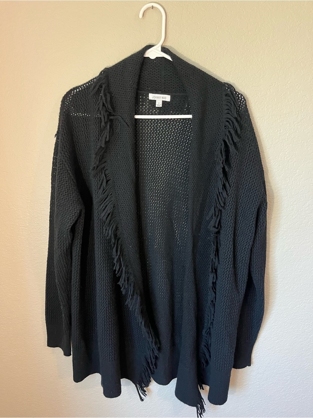 Johnny Was Black Wool Cashmere Fringe Open Front Cardigan Sweater S Boho